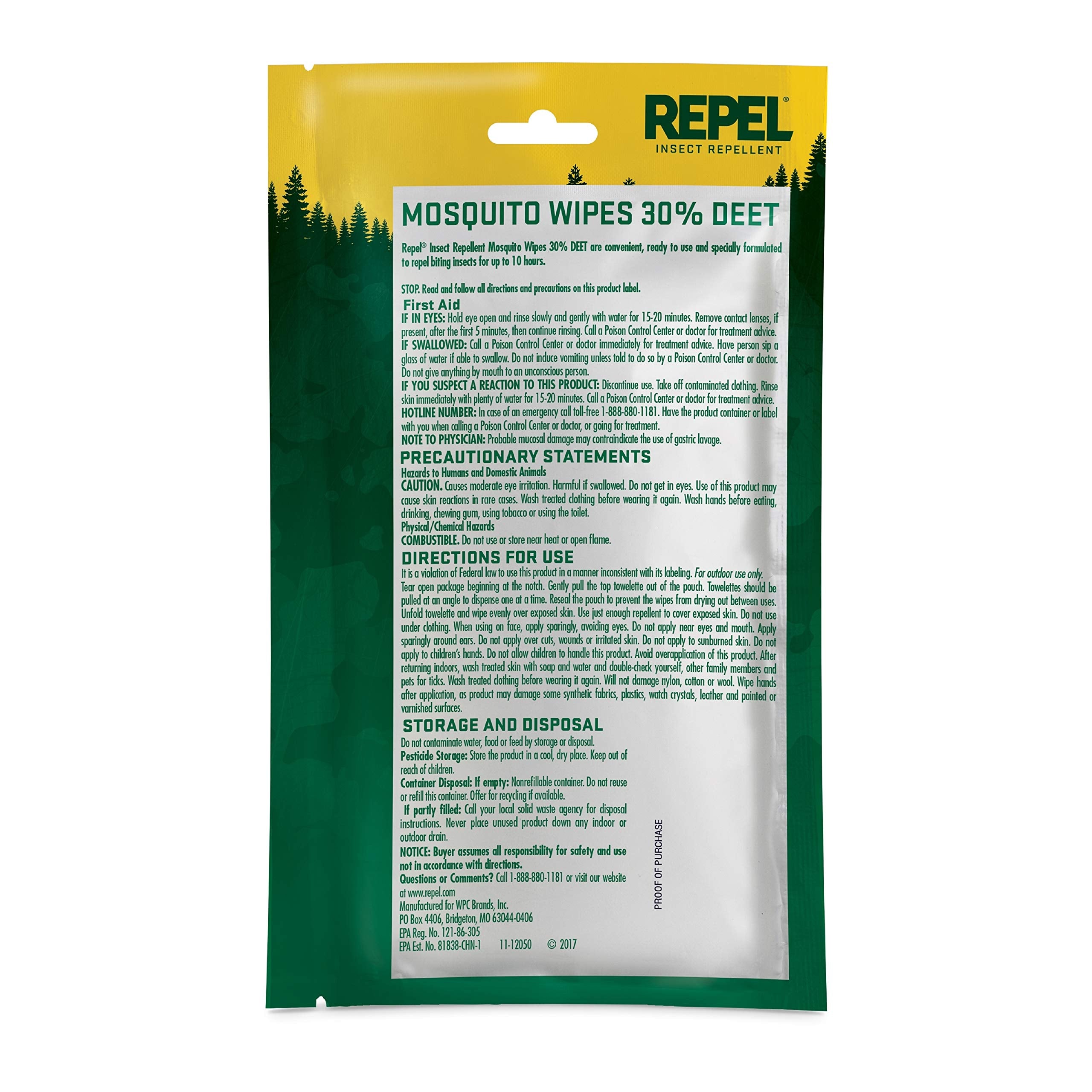 Repel Insect Repellent Mosquito Wipes with 30% DEET - 15 Count Travel Pack, Peppermint & Citronella Scented