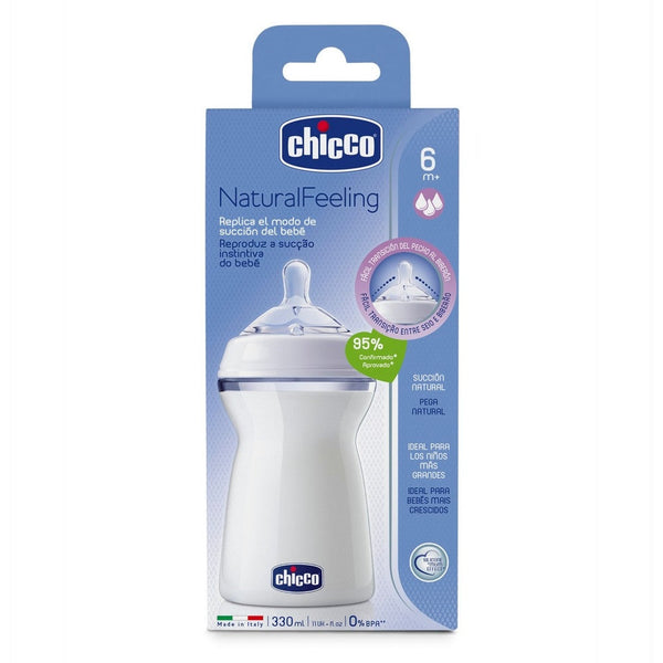 Chicco Naturalfeeling Bottle with Extra Soft Silicone Teat, Anti-Colic System, Wide Neck, Non-Drip Valve, Ergonomic Shape and 330ml/11.15fl Oz Capacity - BPA Free and Dishwasher Safe