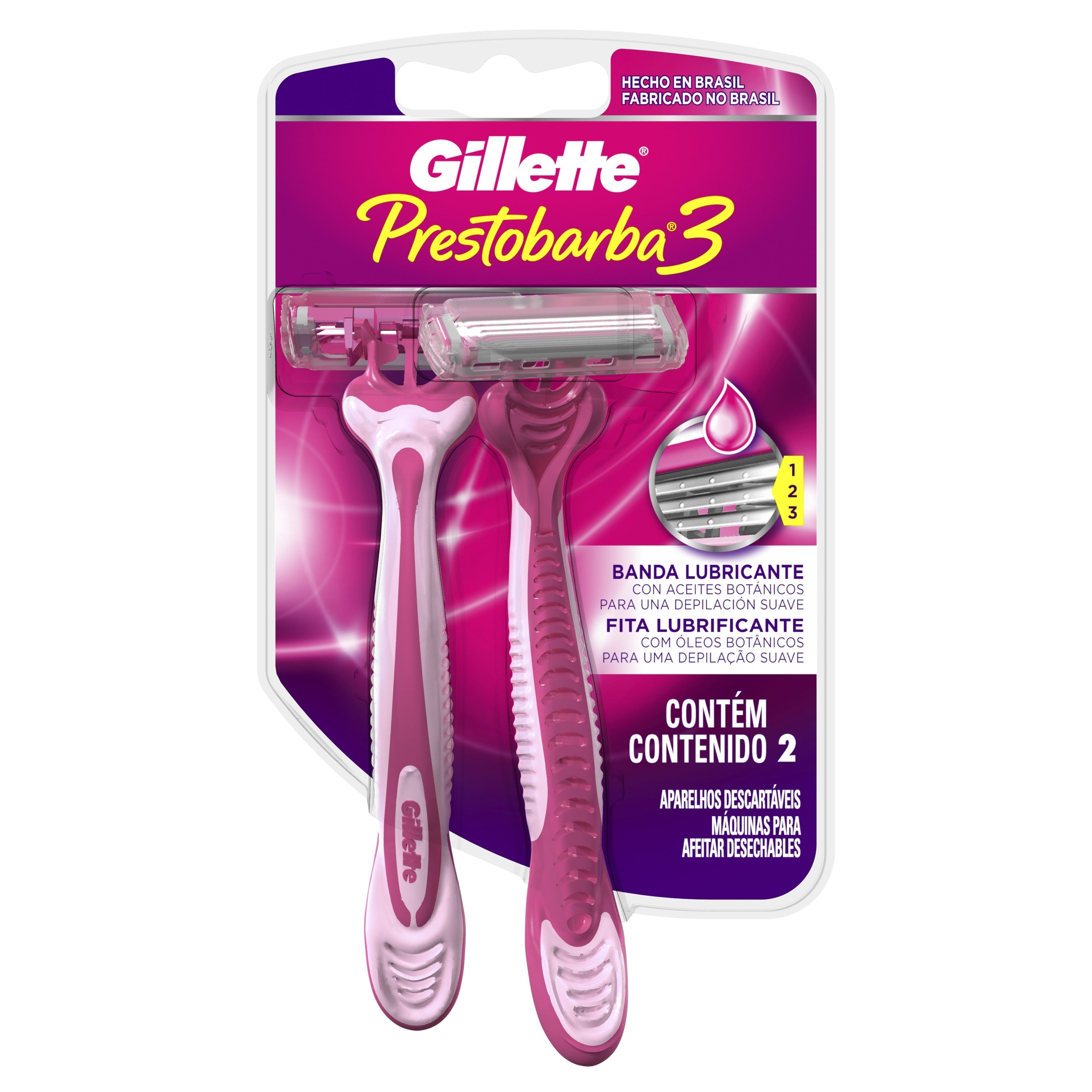 Gillette Prestobarba3 Women's Shavers (2 Units): Ergonomic Handle, Protective Cap, Stainless Steel Blades, Battery Indicator & LED Light