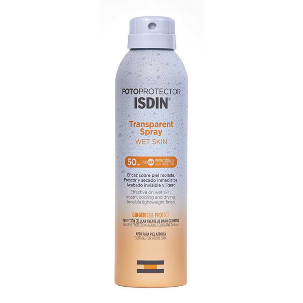 ISDIN Photo Transparent Spray Wet Skin 50+ (250ml/8.45floz) - UVA/UVB Protection, Non-Greasy Texture & Hypoallergenic