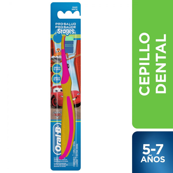 Oral B Pro Health Stages Toothbrush 5-7 Years Cars/Princess: Soft Bristles, Non-Slip Handle, Suction Cup Base, Disney Character Design & More
