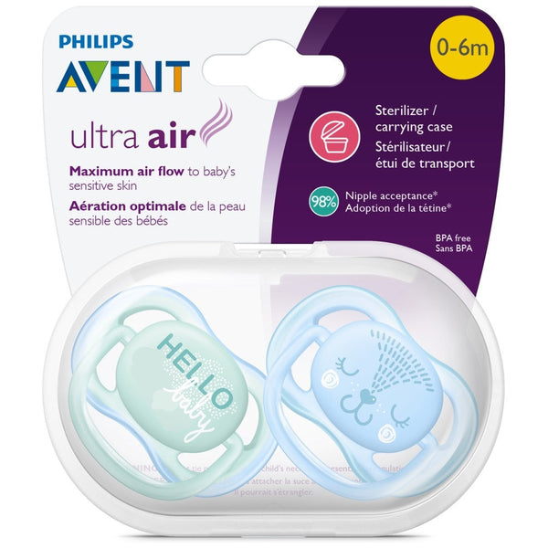 Philips AVENT Deco Ultra Air Pacifier (0-6m) x2 SCF342/20 - Easy to Clean & Assemble, Ergonomic Shield for Extra Comfort, 3 Sizes & 2 Colours